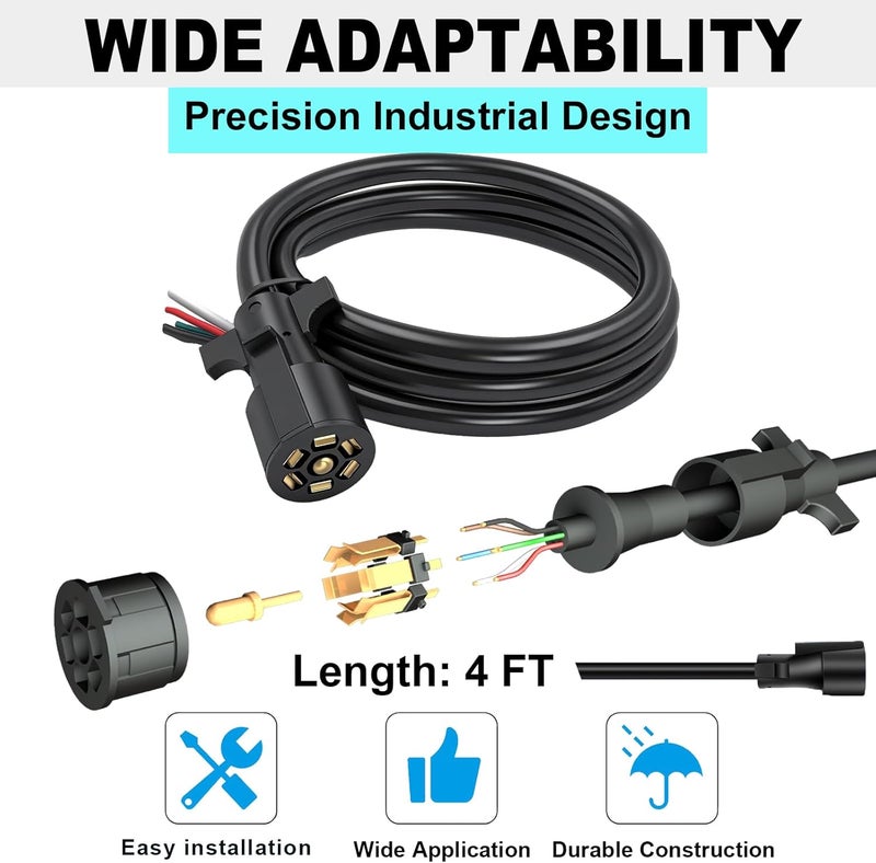 CXTM 7 Way Trailer Cord,4FT Heavy Duty 7 Way Trailer Plug Inline Cord Wire Harness Cable Double Prongs Connector 7 pin Trailer Wiring Harness 4 Feet for Camper Blade Molded RV Cable Wire(4ft) - Image 4